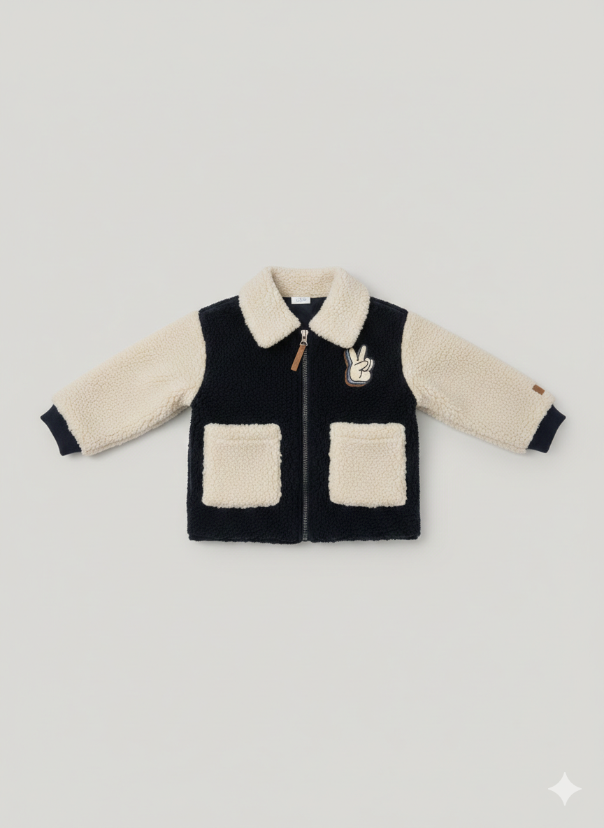 Outlet - Giubbotto unisex Hust and Claire teddy bicolor blu e beige a camicia